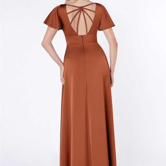 NWT Azazie Lani Stretch Satin Dress Cedar Rose Long Bridesmaid with Dress Bag - Picture 2 of 5